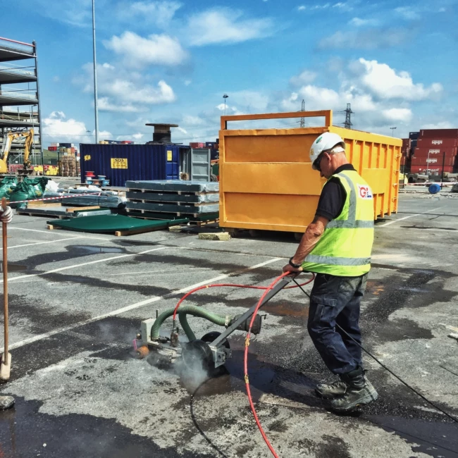 Line marking removal on airport runway using ultra-high pressure water jetting, RGL Services UK