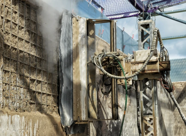 Robotic hydrodemolition removing concrete vibration-free with a long-reach arm in the UK